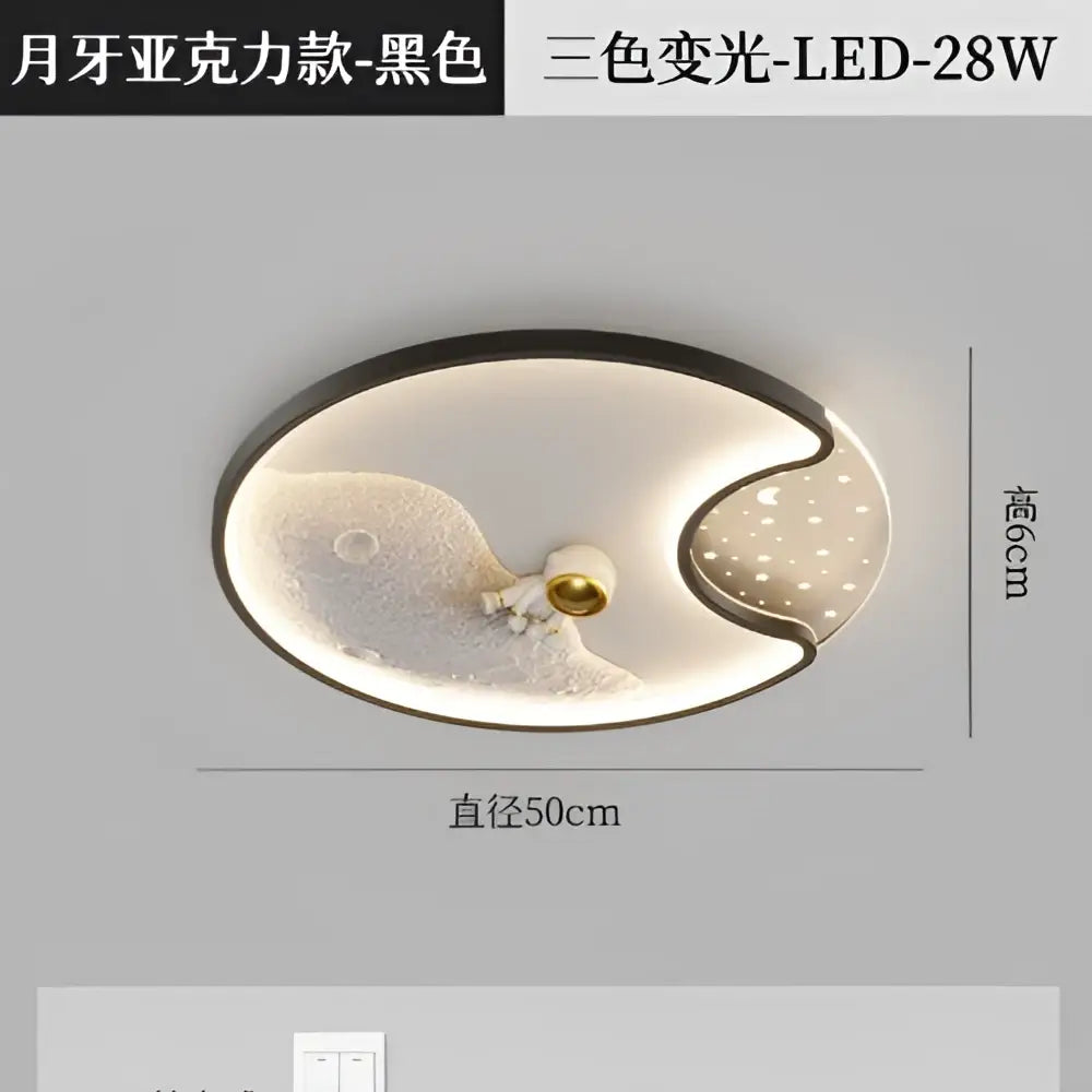 Black oval-shaped decorbites astronaut moon acrylic ceiling lamp with moon star design and three-color changing light