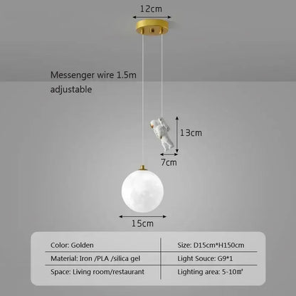 Golden decorbites astronaut moon pendant light with white glass globe iron pla silica gel figure for childrens room