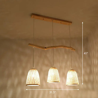 Decorbites bamboo bell shade pendant light with three warm textured wood and woven bamboo shades for tea room lighting