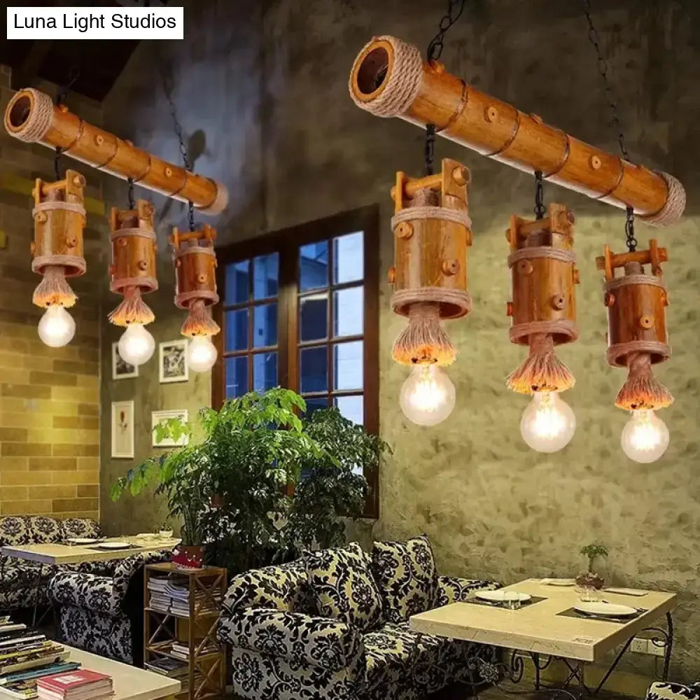 Rustic bamboo chinese bucket pendant lamp with warm wooden fixtures and exposed bulbs for island light fixture use