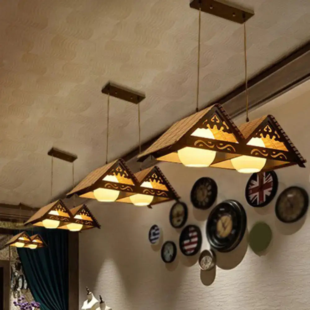 DecorBites™ bamboo pendant light with woven natural fiber shades and wooden cutouts for triangle roof restaurant