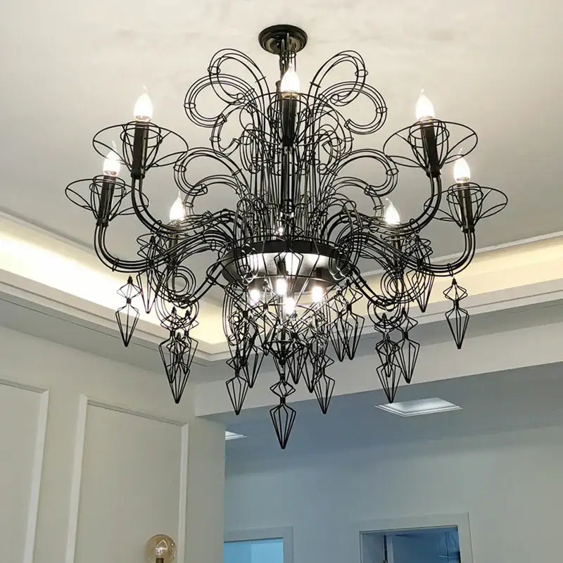 Black wrought iron decorbites baroque black chandelier with intricate swirling arms and geometric crystal pendants