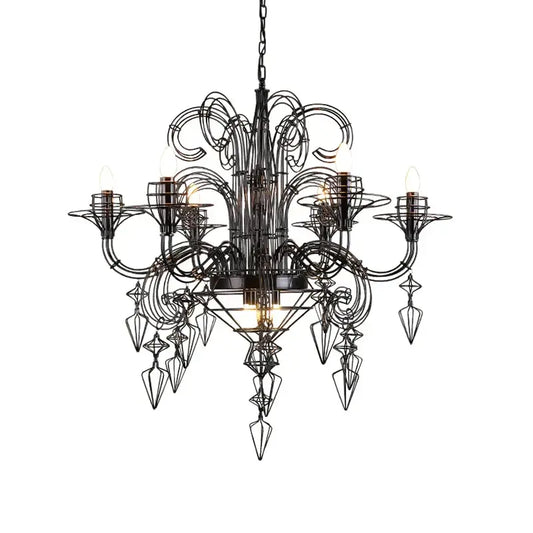 Decorbites baroque iron black wrought iron designer led chandelier with intricate swirling wirework and geometric pendants