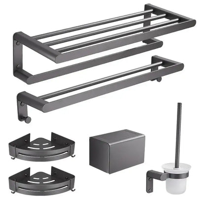 Set of modern matte black DecorBites bathroom hardware set including towel racks, corner shelves, and toilet brush holder
