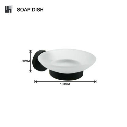 Modern black and frosted white glass soap dish with minimalist design from decorbites bathroom hardware set