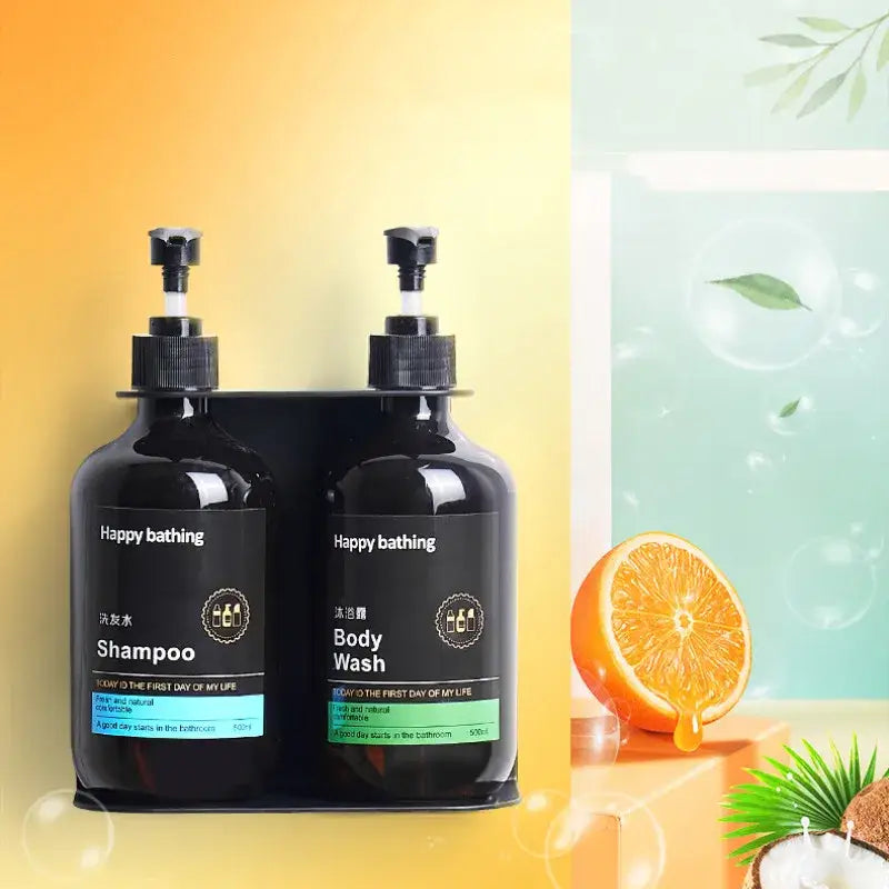 Black plastic liquid soap dispenser with black cap labeled happy bathing for shampoo and body wash by decorbites