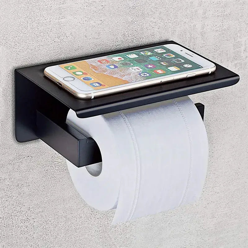 Black metal decorbites bathroom multi-function holder with integrated shelf holding smartphone for sanitary and paper rolls