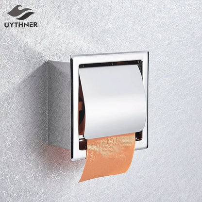 Chrome finished rectangular wall-mounted paper holder with single roll orange textured tissue for DecorBites matte black set