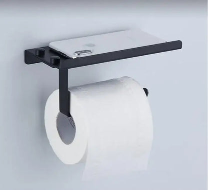 Black metal decorbites bathroom paper phone holder with minimalist design and integrated smartphone shelf in silver gold
