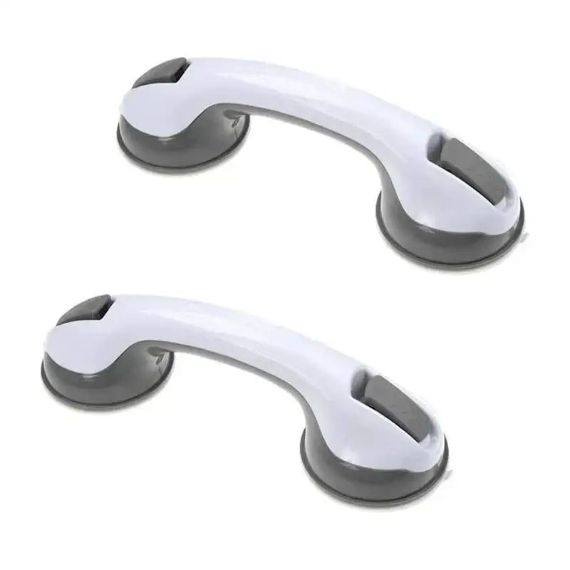 White and gray suction cup grab bars with smooth ergonomic handles for bathroom safety by DecorBites bathroom safety