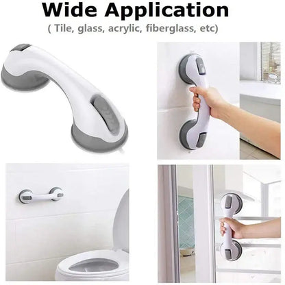 White and gray DecorBites bathroom safety grab bar with suction cups and ergonomic handle for elderly support