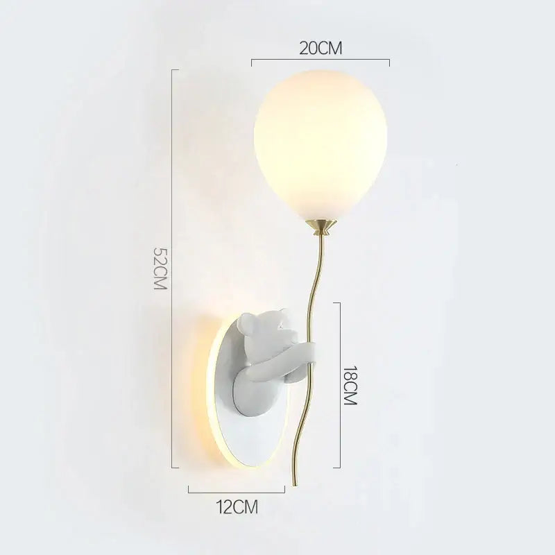 Cute white ceramic bear artistic kids wall lamp by DecorBites with gold-toned stem and frosted glass balloon shade
