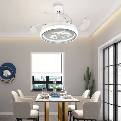 White decorbites bird nest ceiling fan with integrated light and deer silhouette design for bedroom use