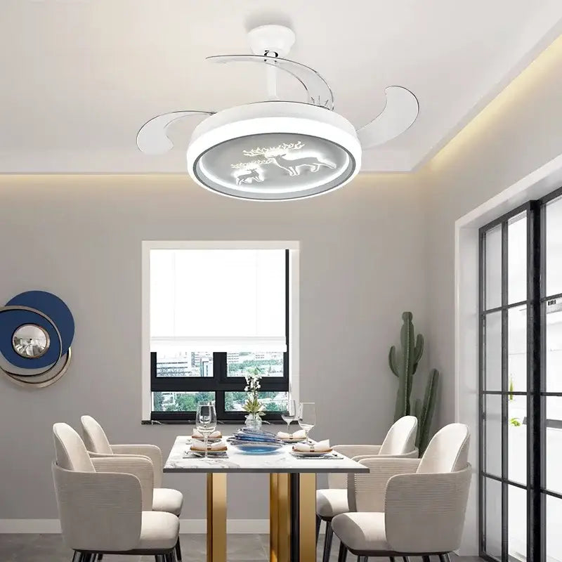White decorbites bird nest ceiling fan with integrated light and deer silhouette design for bedroom use