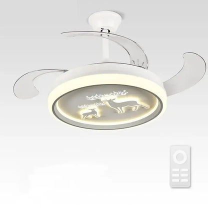 White decorbites bird nest ceiling fan with chrome finish oval design and LED light featuring illuminated deer silhouettes