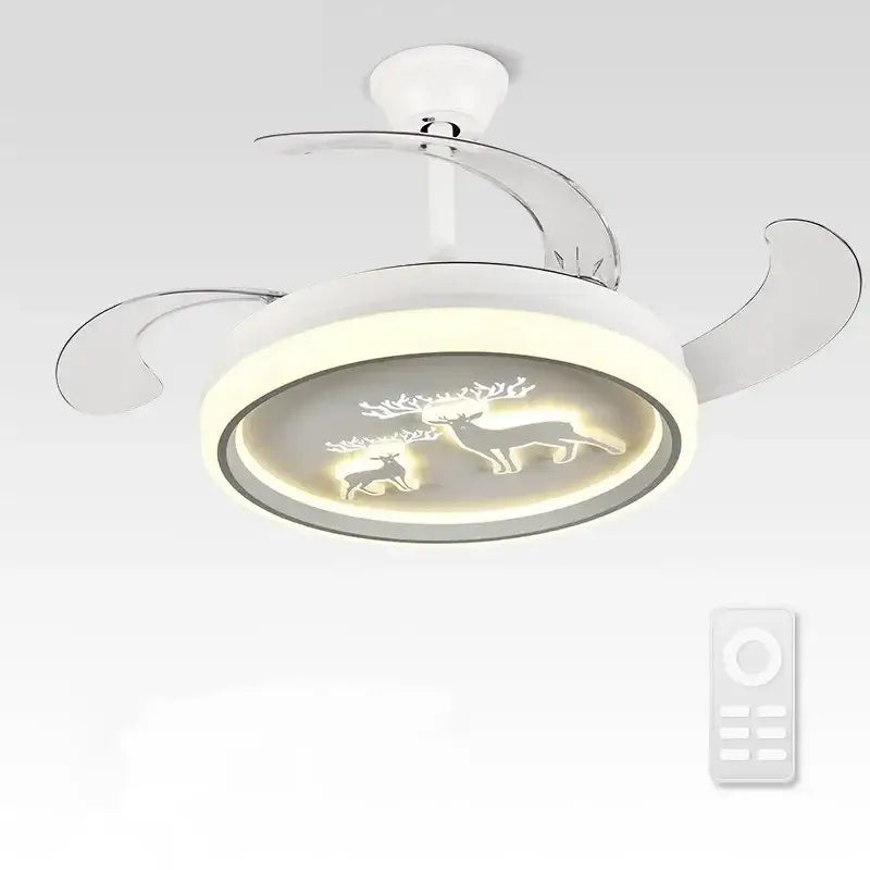 White decorbites bird nest ceiling fan with chrome finish oval design and LED light featuring illuminated deer silhouettes