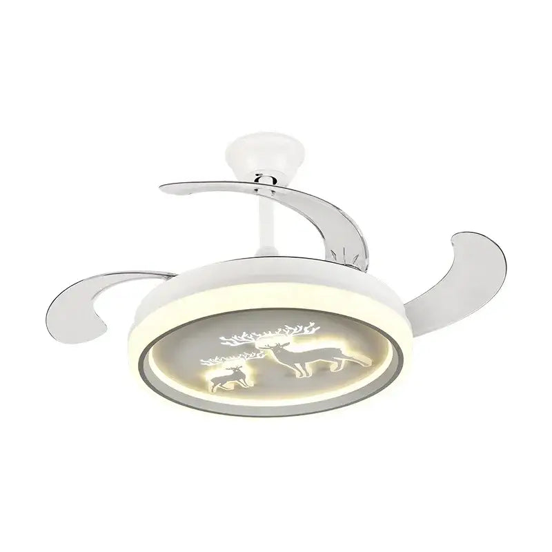 White and chrome decorbites bird nest ceiling fan with integrated led light featuring glowing deer silhouette design