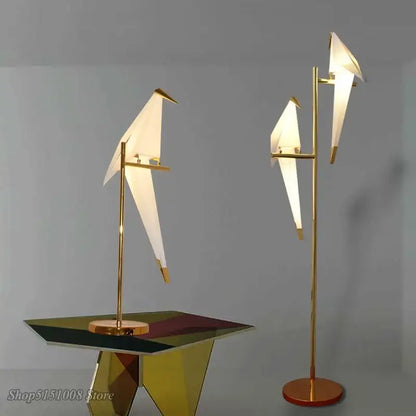 Gold-toned decorbites bird origami floor lamp with illuminated white paper wings for living room standing light