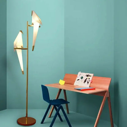 Gold-toned decorbites bird origami floor lamp with two bird origami light fixtures for living room lighting