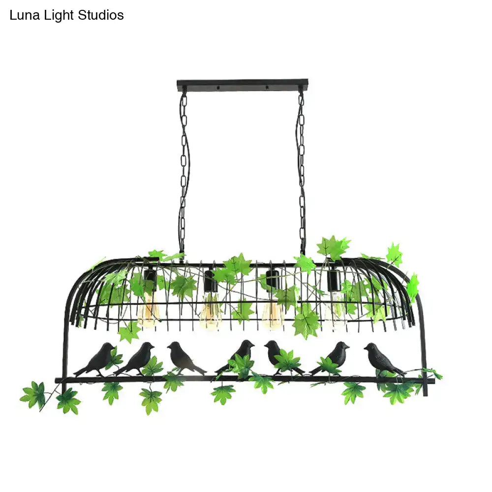 Black wrought iron decorbites™ birdcage dining room island light with green leaf accents and bird silhouettes 220v-240v