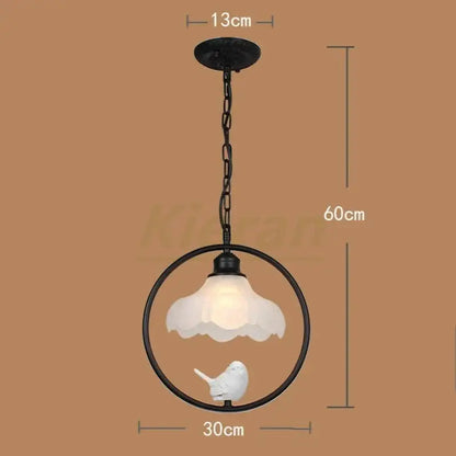 Black metal decorbites birdcage led chandelier with frosted glass shade and white ceramic bird for bedroom lighting