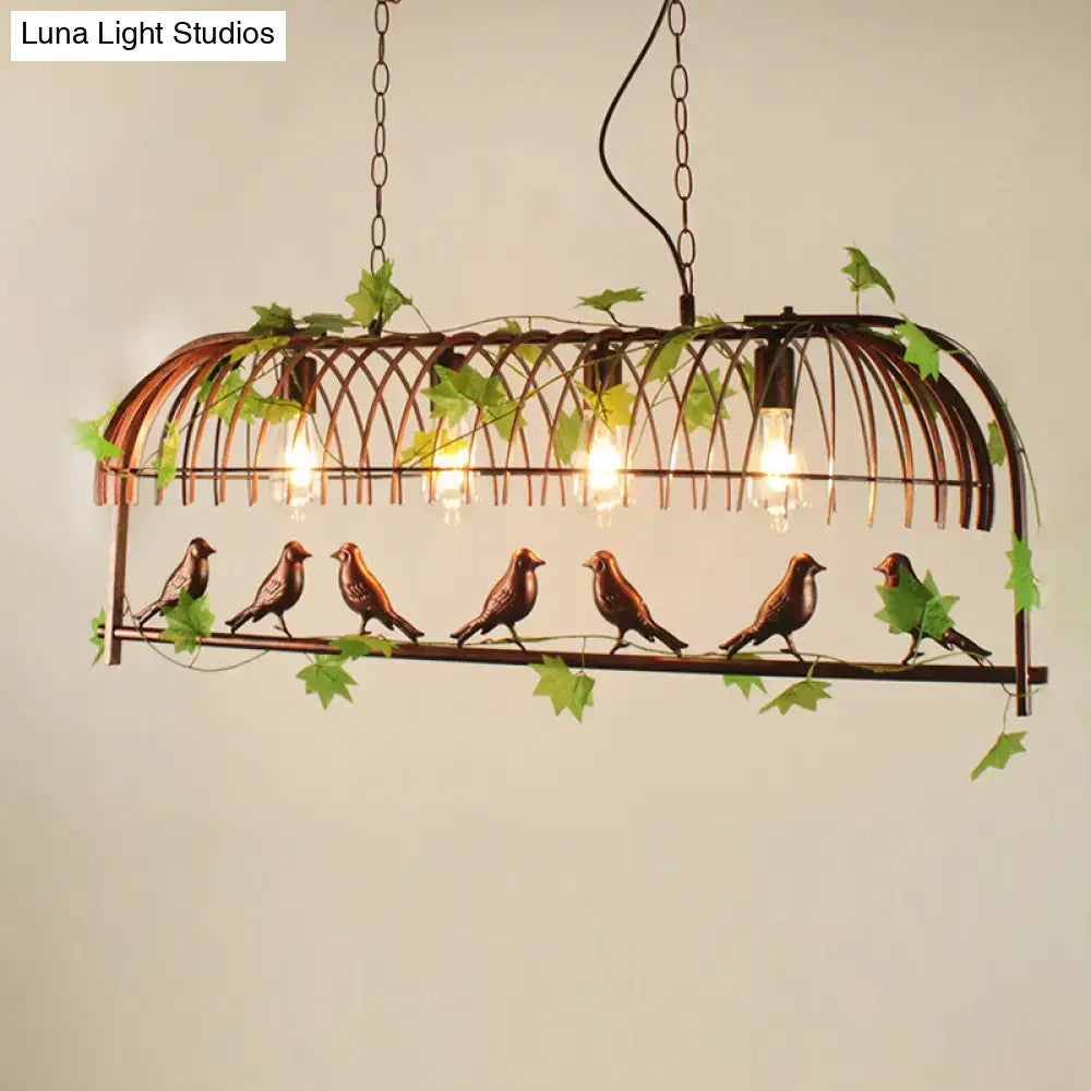 Bronze birdcage pendant light with six sculpted birds and green leaves rustic wrought iron for dining room 220v-240v 110v-120v