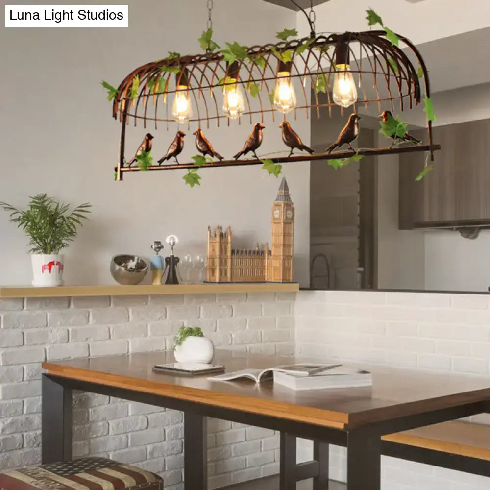 Rustic wrought iron birdcage pendant light with vintage edison bulbs and green leaf accents for dining room 220v-240v 110v-120v