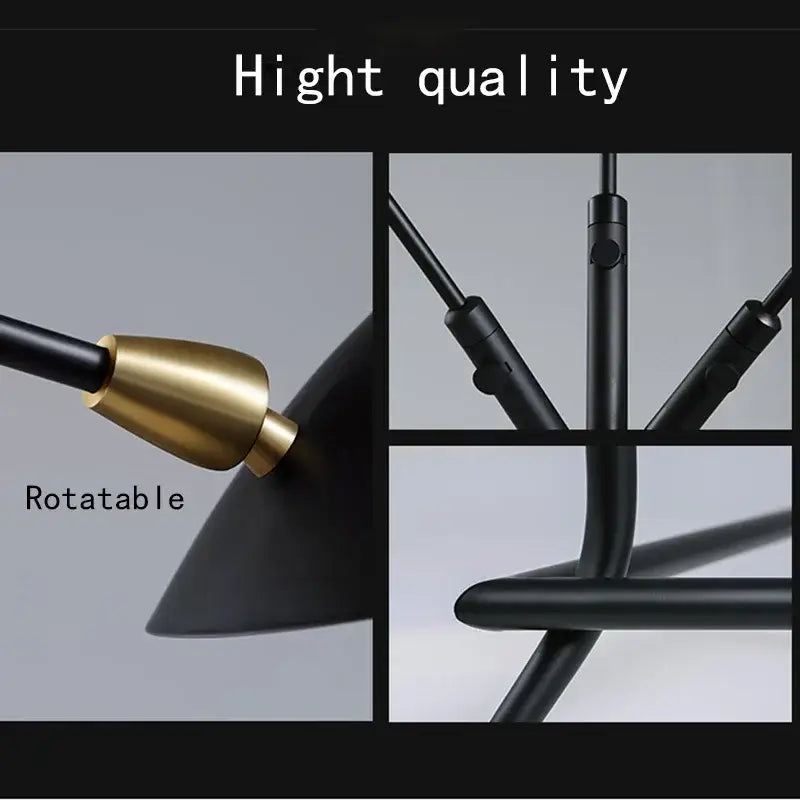 Decorbites black aluminum 3 arm floor lamp with black and brass modern chandelier and rotatable cone-shaped shade