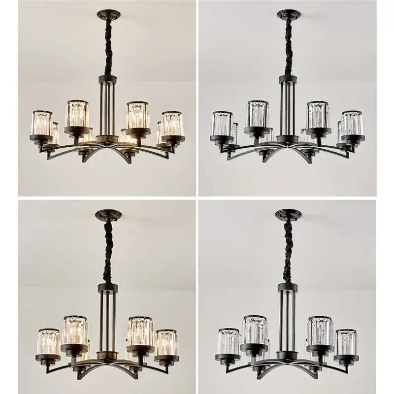 Black art crystal chandelier by decorbites features a black wrought iron frame with clear glass candle-style shades for living room lighting