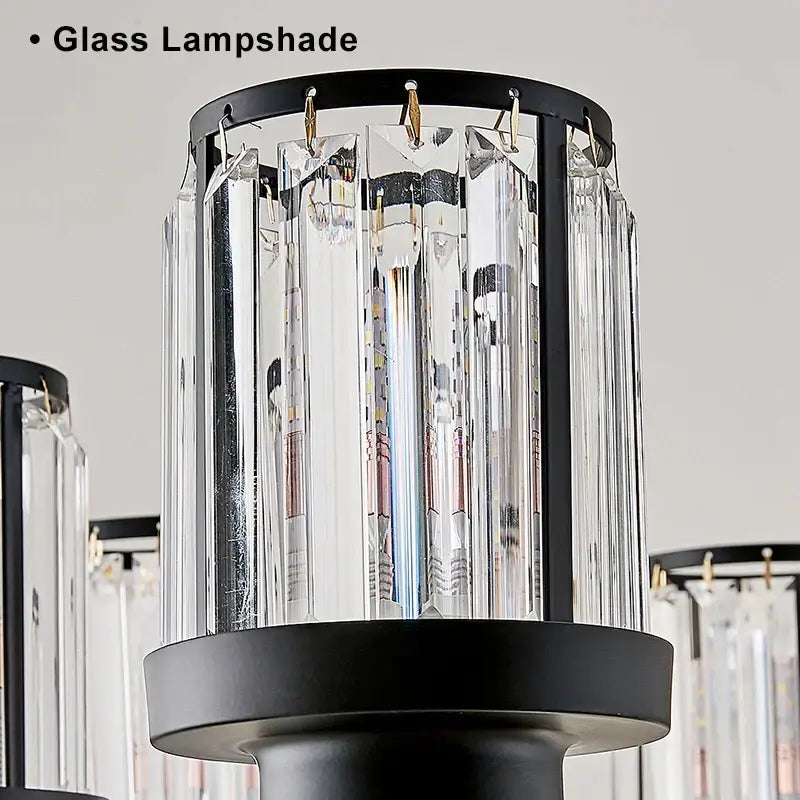 Decorbites black art crystal chandelier featuring clear glass lampshade with vertical prisms on black metal frame