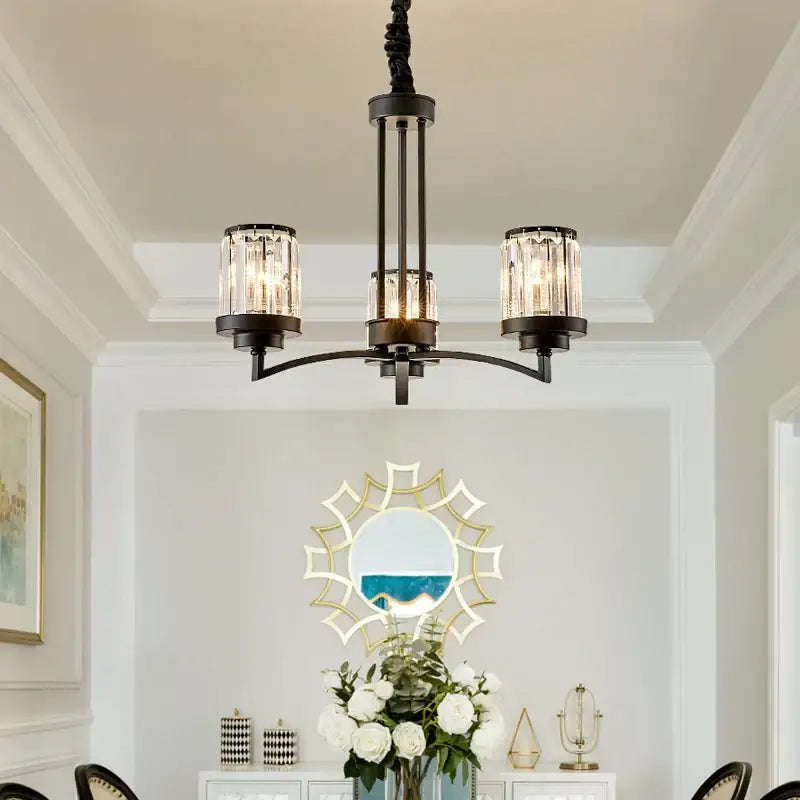 Black art crystal chandelier by decorbites with black wrought iron and three crystal-encased light fixtures for living room lighting