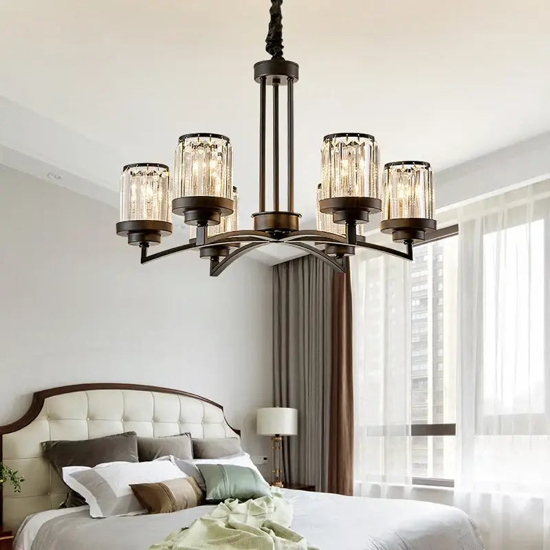 Decorbites black art crystal chandelier with five black wrought iron cylindrical glass shades and sparkling crystals