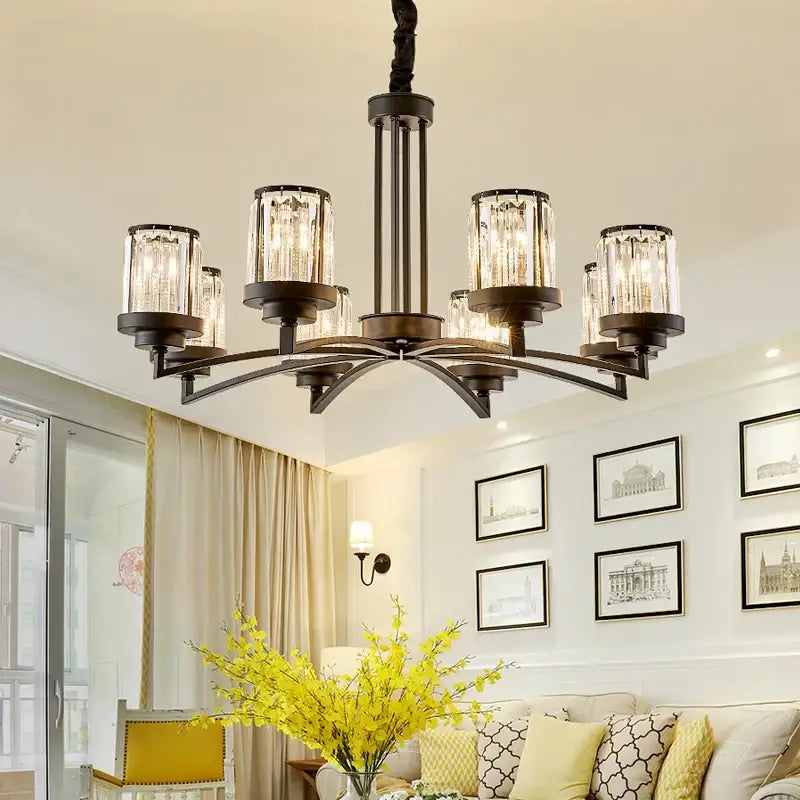 Decorbites black art crystal chandelier with black wrought iron and clear glass shades for living room lighting