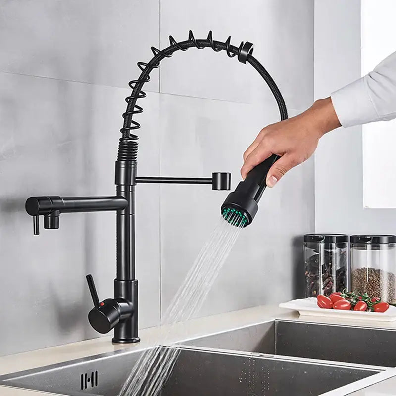 Decorbites black brass kitchen faucet with dual spout and flexible coiled gooseneck pull down spray in black matte finish