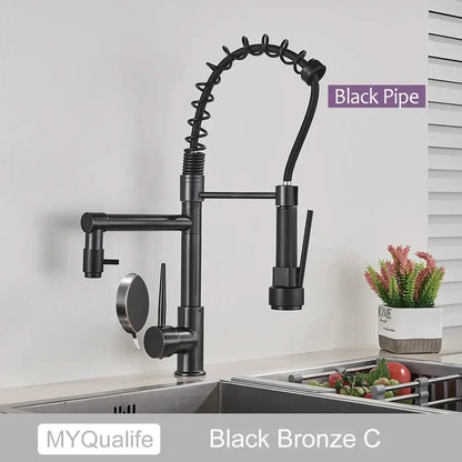 Decorbites black brass kitchen faucet in black bronze with flexible coiled gooseneck spout and pull down spray head