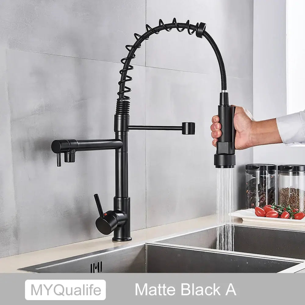 Matte black decorbites black brass kitchen faucet with dual spout and flexible pull down spray head