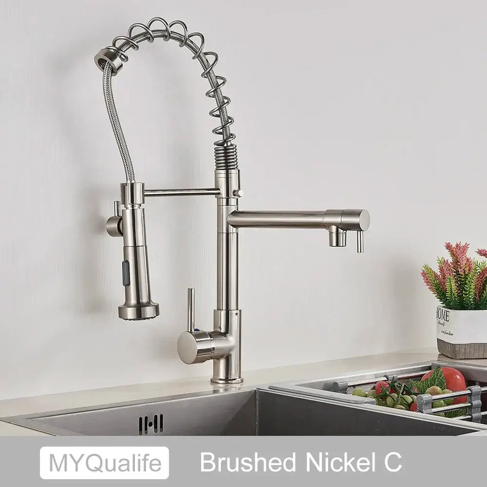 Decorbites black brass kitchen faucet with brushed nickel finish flexible coiled spring hose and pull-down spray head
