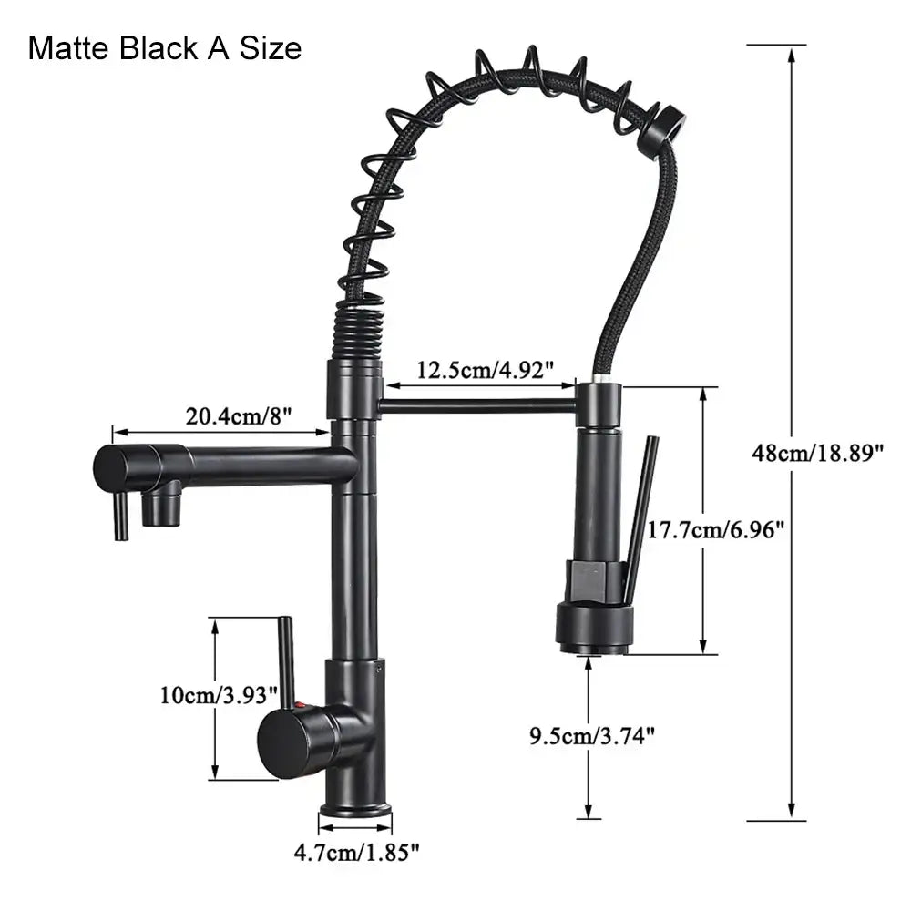 Matte black decorbites black brass kitchen faucet with flexible coiled spring spout and single lever handle