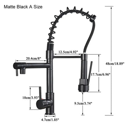 Matte black decorbites black brass kitchen faucet with flexible coiled spring spout and single lever handle