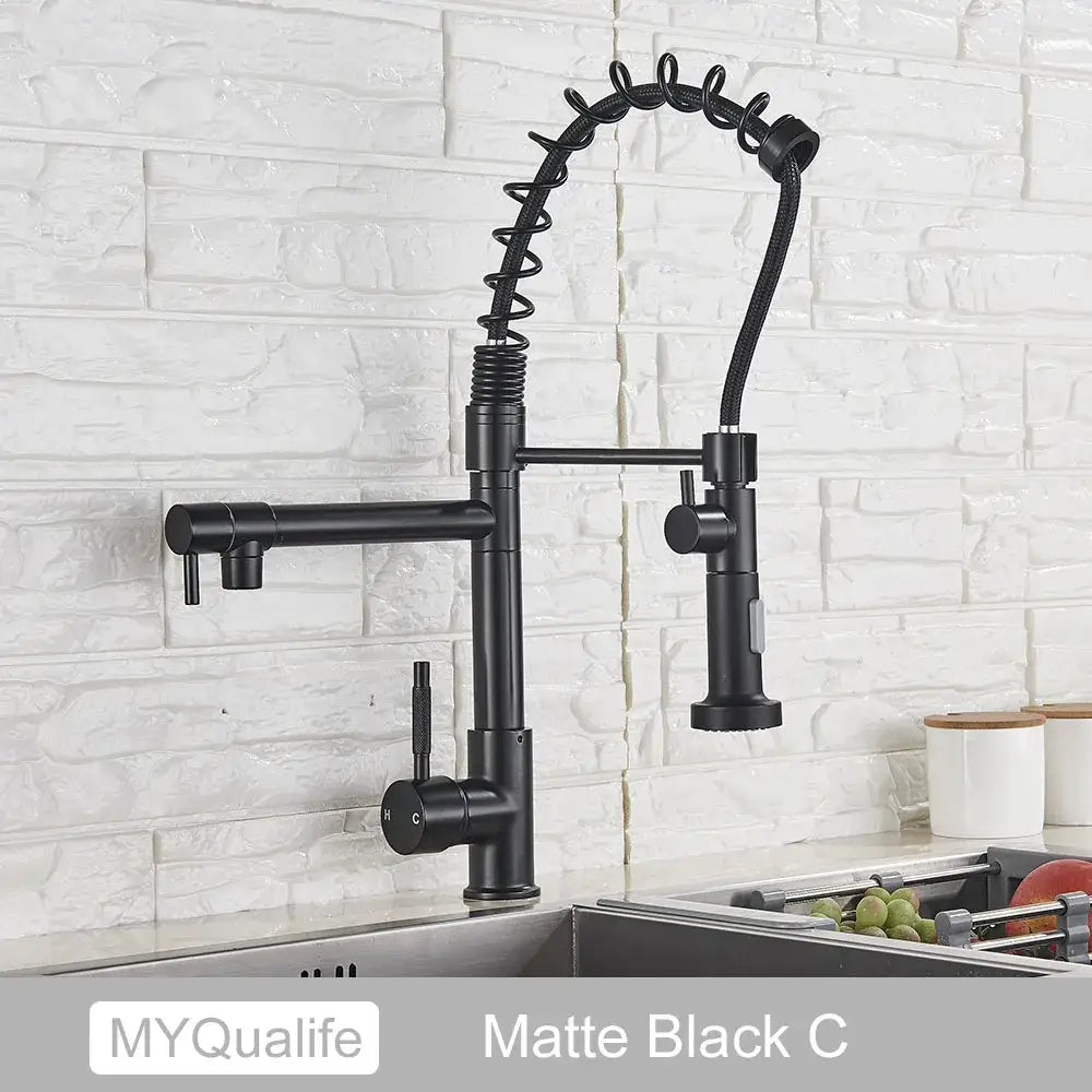 Matte black decorbites black brass kitchen faucet with coiled flexible spout and dual handles for versatile use
