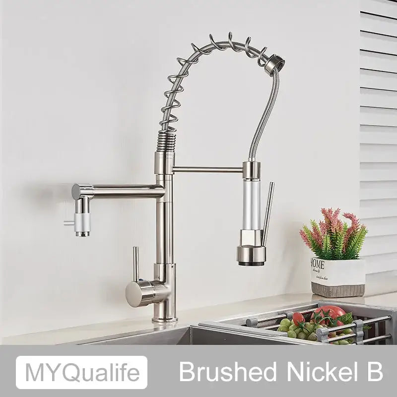 Decorbites black brass kitchen faucet with dual spout and pull-down spray head with flexible coiled hose in brushed nickel