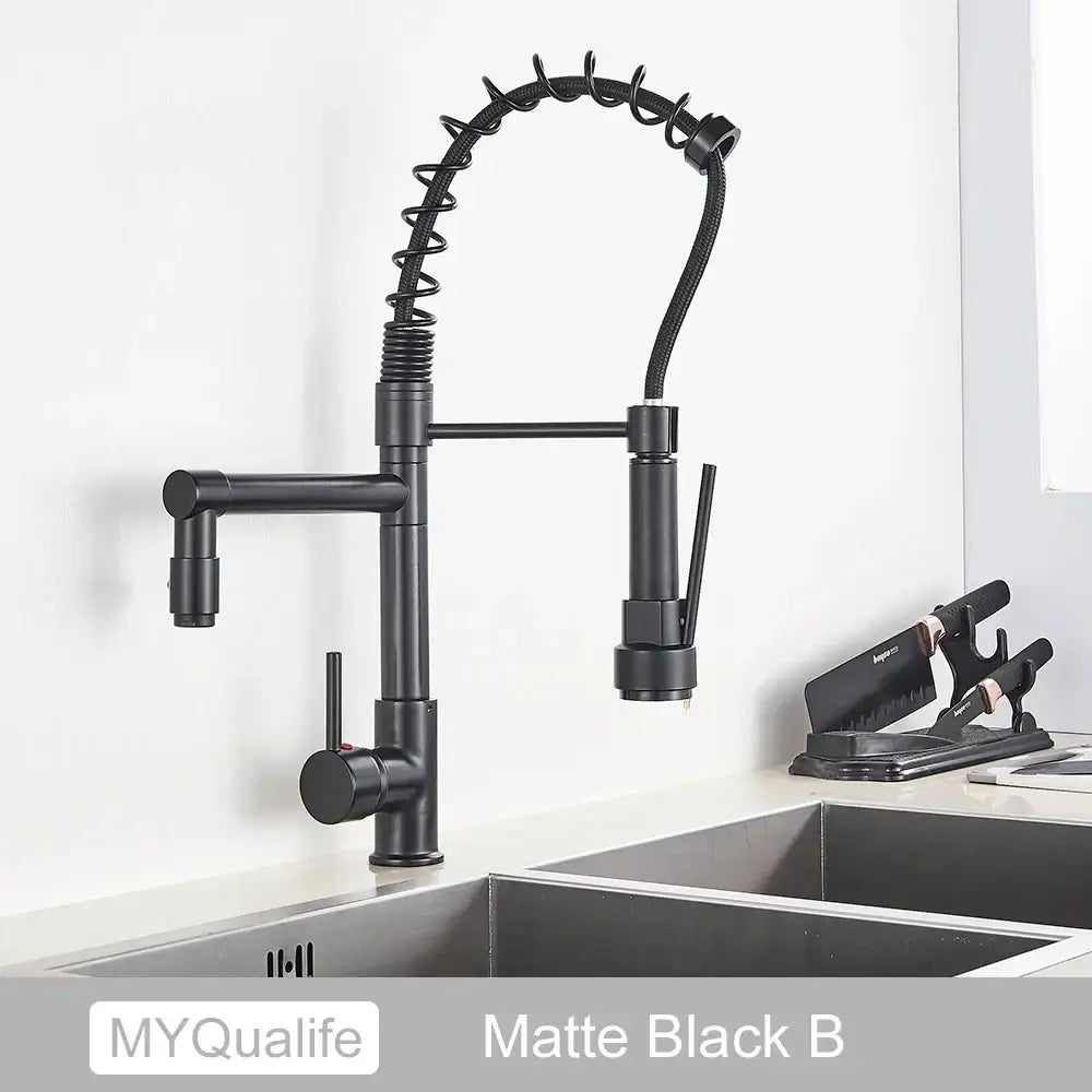 Matte black decorbites black brass kitchen faucet with dual spout and flexible coiled gooseneck pull-down spray head