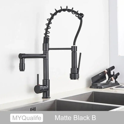 Matte black decorbites black brass kitchen faucet with dual spout and flexible coiled gooseneck pull-down spray head