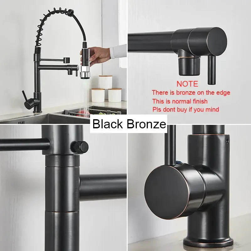 Decorbites black brass kitchen faucet in black bronze with flexible gooseneck spout and pull down spray head