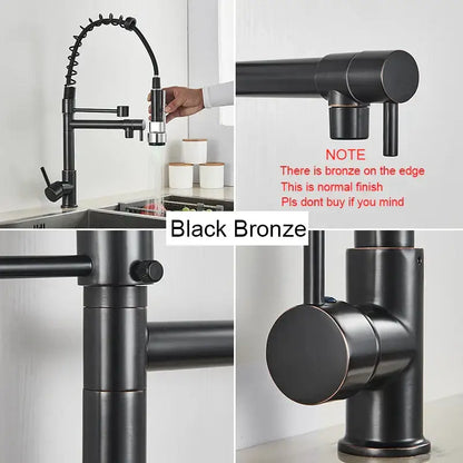 Decorbites black brass kitchen faucet in black bronze with flexible gooseneck spout and pull down spray head