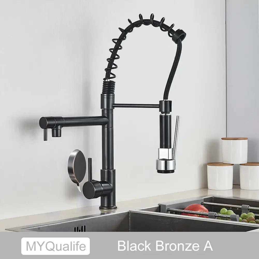 Decorbites black brass kitchen faucet with dual spout pull down spray in black bronze with flexible coiled hose and chrome accents