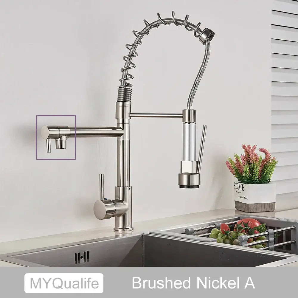 Decorbites black brass kitchen faucet with dual spout, brushed nickel flexible coiled gooseneck, and pull down spray head