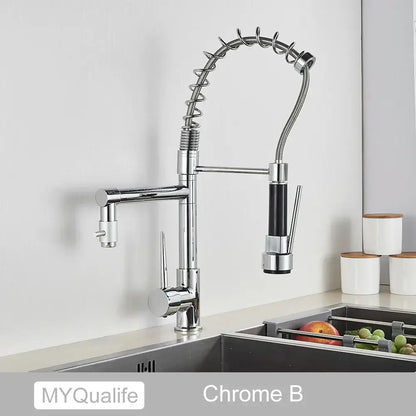 Chrome finished decorbites black brass kitchen faucet with dual spout flexible coiled spring hose and black spray accents