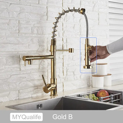 Gold-colored decorbites black brass kitchen faucet with dual spout and flexible pull-out spray head