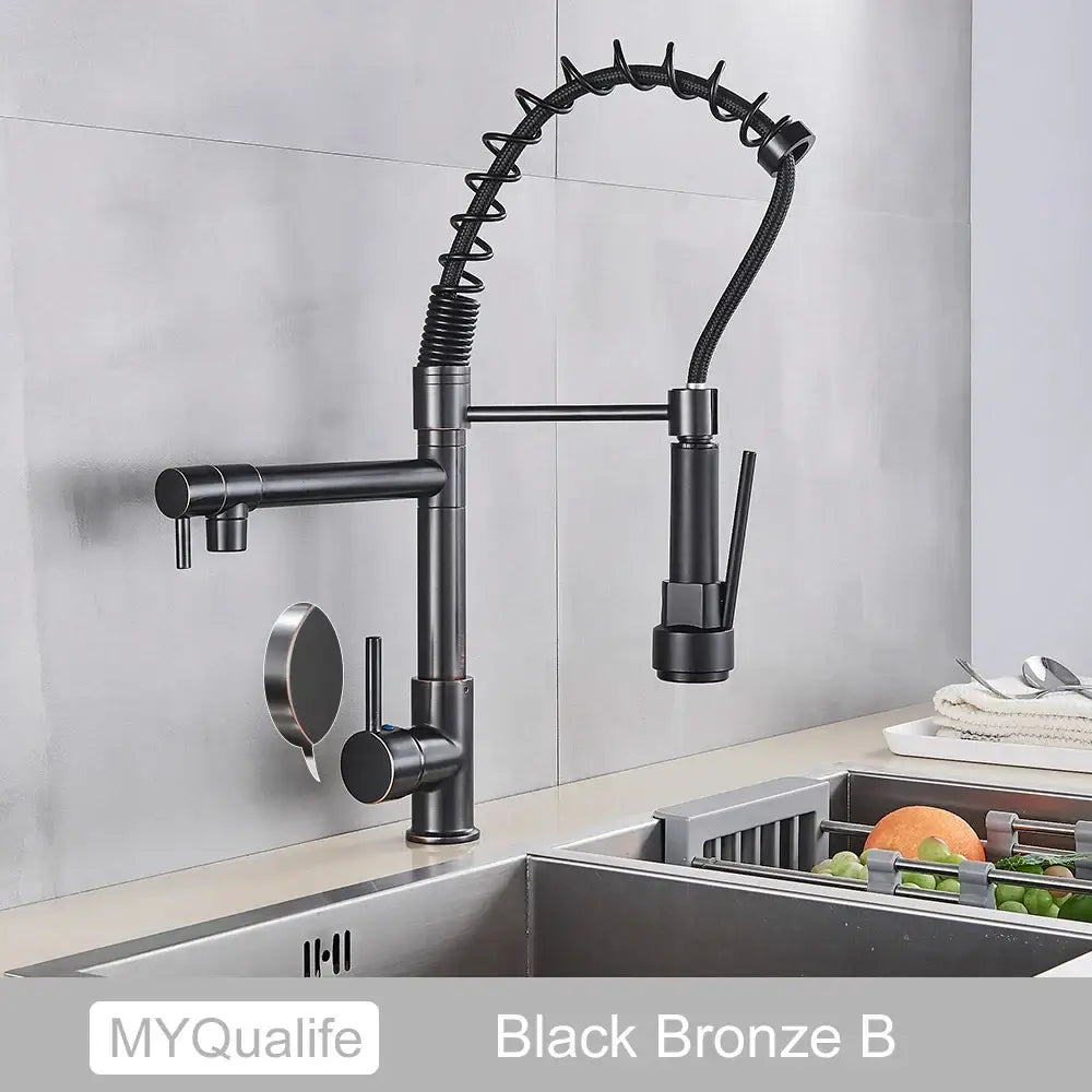 Decorbites black brass kitchen faucet with dual spout black brass kitchen faucet and flexible coiled gooseneck spray head